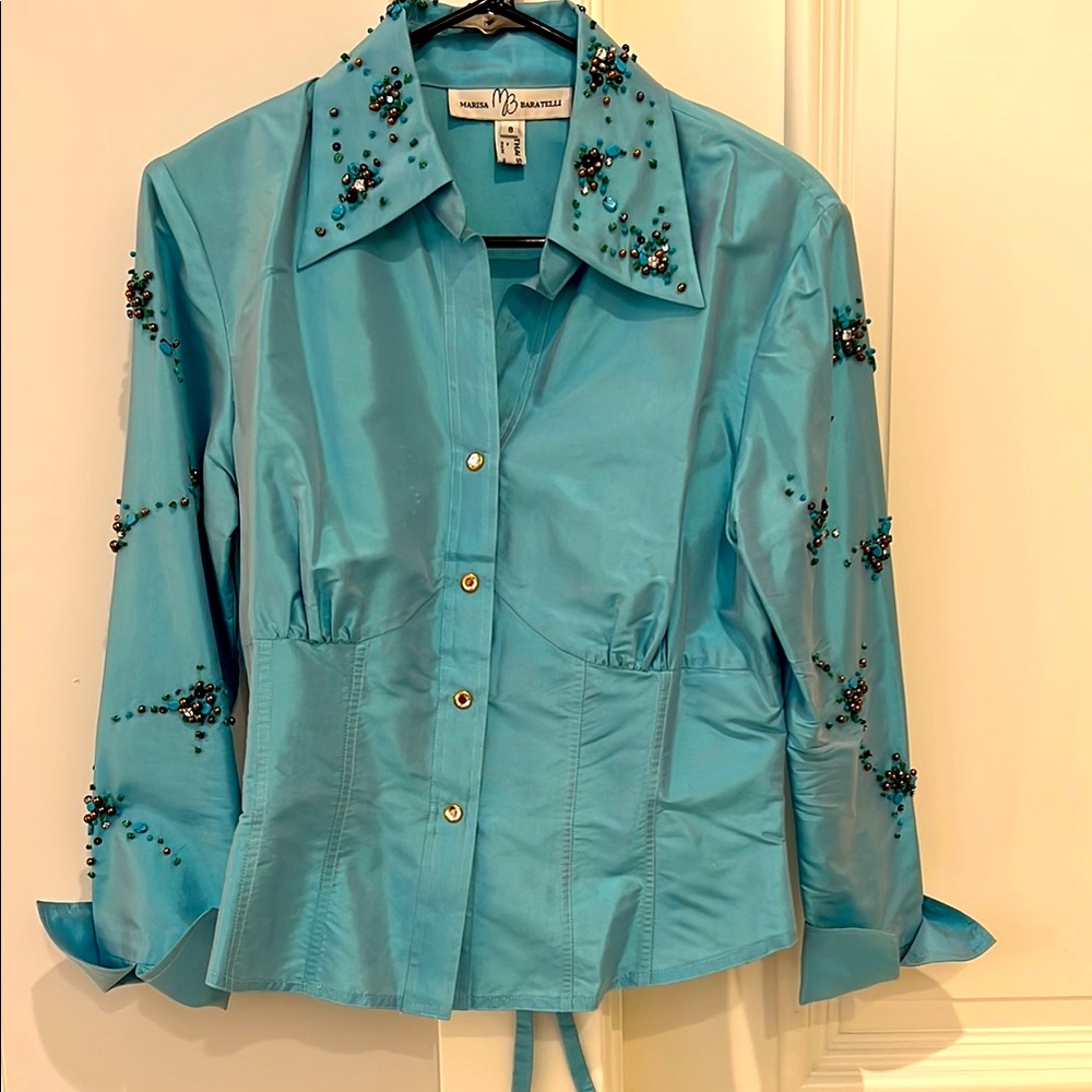 Marisa Baratelli Silk Turquoise Beaded Blouse